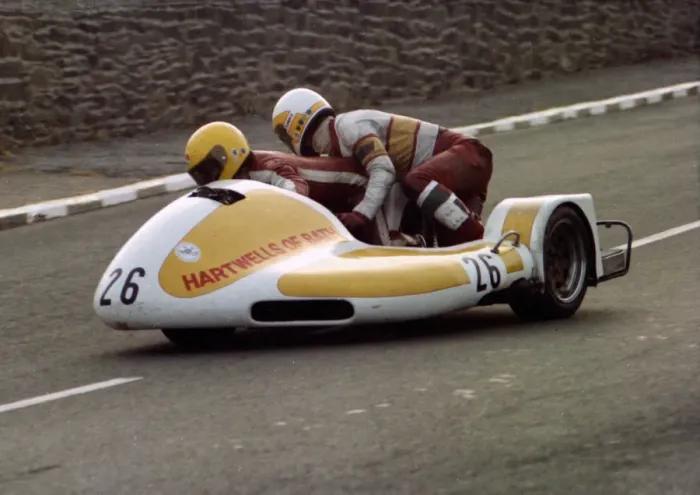 Framed Print : Mick Burcombe & Derek Rumble jnr (Rumble Yamaha) 1980 Sidecar TT