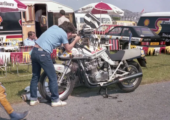 Framed Print : Mick Grants camera bike being prepared for filming Bray to Governors Framed Print : Mick Grants camera bike being prepared for filming Bray to Governors