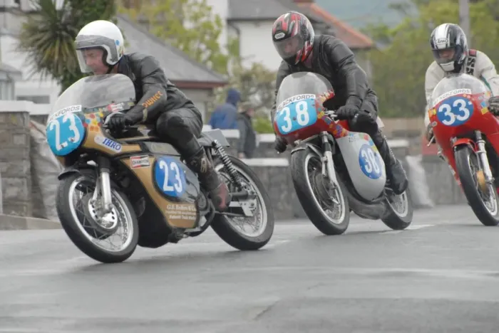 Framed Print : Mick Moreton (Seeley 7R) and Harold Bromiley (Bultaco) 2007 Pre TT Classic Framed Print : Mick Moreton (Seeley 7R) and Harold Bromiley (Bultaco) 2007 Pre TT Classic