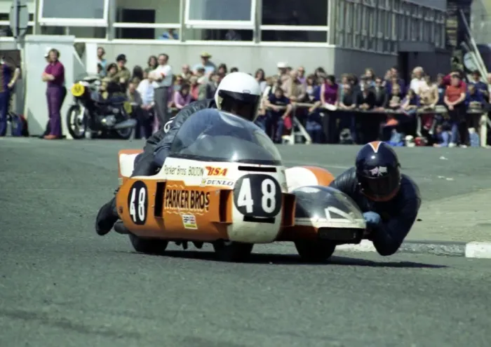 Framed Print : Mick Whitton & Vince Biggs (BSA) 1976 500cc Sidecar TT Framed Print : Mick Whitton & Vince Biggs (BSA) 1976 500cc Sidecar TT