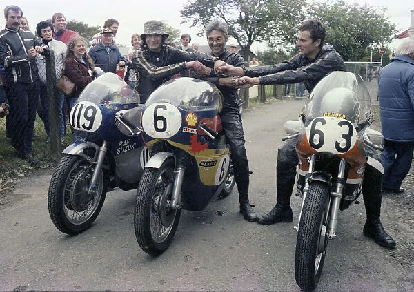Richard Fitzsimmons (RAF Suzuki) John Goodall (Matchless) Paul Barrett (Harley Davidson) 1983 Classic Manx Grand Prix