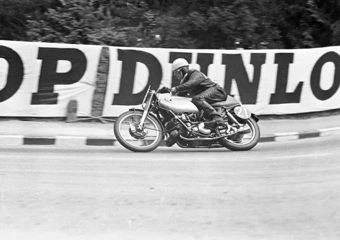 Framed Print : Ted Frend at Braddan Bridge: 1950 Senior TT