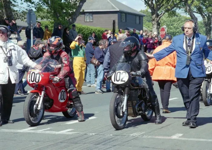 Framed Print : Terry Kermode (Aermacchi) and Thomas Hughes (AJS) 2002 TT Parade Lap Framed Print : Terry Kermode (Aermacchi) and Thomas Hughes (AJS) 2002 TT Parade Lap