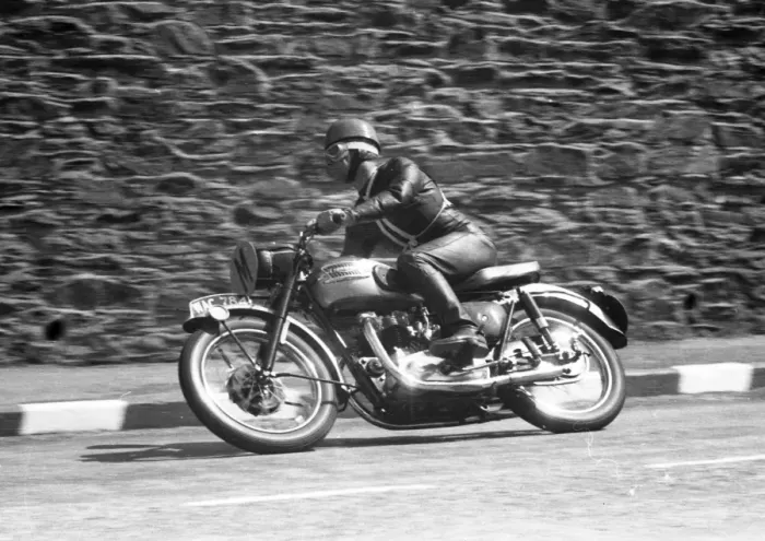 Framed Print : Travelling marshal Colin Broughton (Triumph) 1957 TT Framed Print : Travelling marshal Colin Broughton (Triumph) 1957 TT