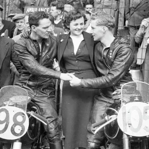 Bob McIntyre (AJS) and Derek Farrant (Matchless) 1952 Senior Manx Grand Prix