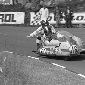 George O Dell & Kenny Arthur at Signpost Corner;1977 Sidecar TT