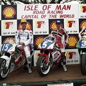 Jim Moodie (2nd) winner Brian Reid and 3rd placeman Joey Dunlop 1993 Junior TT