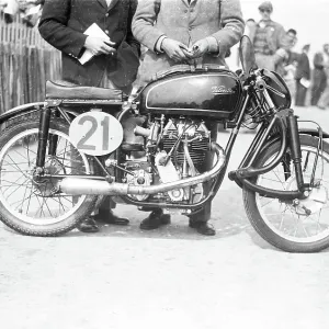 Bill Lomas Earles Velocette at the weigh-in for the 1952 Lightweight TT Bill Lomas Earles Velocette at the weigh-in for the 1952 Lightweight TT