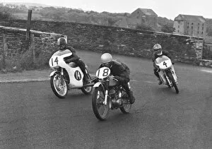 Images Dated 4th August 2021: Brian Ball (Honda, 14), Mike Abraham (BSA, 18) and Cliff Carr (Bultaco, 4) 1964 Southern 100