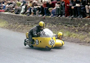 Images Dated 22nd March 2021: Bill Copson & Harvey Sunderland (BSA) leaves Braddan Bridge: 1965 Sidecar TT