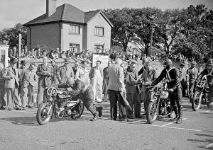 Images Dated 13th May 2021: Dennis Christian (Norton) and Ray Harrison (Triumph) 1950 Senior Manx Grand Prix