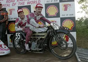 Double 1993 Sidecar winers Dave Molyneux and Karl Ellison pose on the 1923 Sidecar TT winning Freddie Dixon Douglas