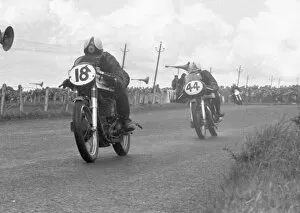 Images Dated 21st December 2021: Geoff Tanner (Norton) and Bob Brown (Matchless) 1956 Senior Ulster Grand Prix