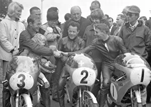 Images Dated 13th January 2022: Hugh Anderson (Suzuki) Luigi Taveri (Honda) Ralph Bryans (Honda) 1966 50cc TT