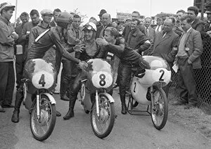 Images Dated 9th August 2020: Hugh Anderson (Suzuki) Mitsuo Itoh (Suzuki) and Hans Georg Anscheidt (Kreidler) 1963 50cc TT