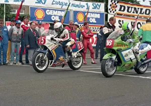Images Dated 20th June 2021: Iain Duffus (Yamaha) and Roger Hurst (Kawasaki) 1988 Production A TT