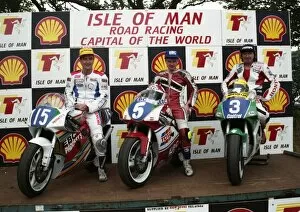 Images Dated 2nd December 2017: Jim Moodie (2nd) winner Brian Reid and 3rd placeman Joey Dunlop 1993 Junior TT