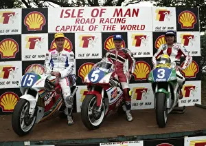 Joey Dunlop Prints: Jim Moodie (2nd) winner Brian Reid and 3rd placeman Joey Dunlop 1993 Junior TT