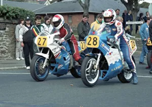 Images Dated 7th May 2020: Justin Urch (Yamaha) & Mark Livingston (Suzuki) 1989 Senior Manx Grand Prix