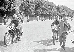 Images Dated 14th June 2020: Les Harris (Velocette) and Reg Armstrong (AJS) 1949 Junior TT