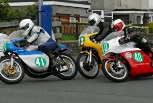 Barry Davidson Gallery: Les Trotter (Crooks Suzuki) Bob Millinship (Ducati) Barry Davidson (Honda) 2014 Pre TT Classic