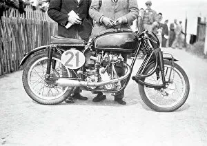 Images Dated 14th April 2023: Bill Lomas Earles Velocette at the weigh-in for the 1952 Lightweight TT