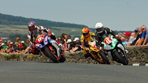 Mark Goodings Collection: Mark Goodings (Kawasaki) and Anthony Redmond (BMW) 2016 Southern 100