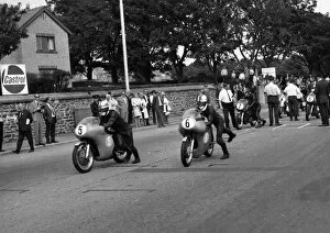 Images Dated 5th October 2018: Mick Collins (AJS, 6) and Chris Clarke (Seeley) 1969 Junior Manx Grand Prix