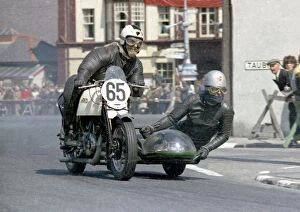 Vincent Collection: Peter Gerrish and P W Sharp (Vincent) leaves Parliament Square; 1967 Sidecar TT