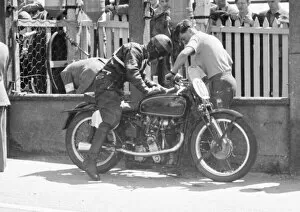 Pit stop for Ronnie Hazlehurst (Velocette) 1949 Junior TT