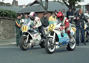 Images Dated 7th May 2020: Ray Evans (Yamaha) & Chris Hook (Suzuki) 1989 Senior Manx Grand Prix