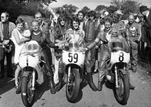 Ricky Burrows, Roger Cope and winner Alan Jackson (Yamaha) 1975 Lightweight Manx Grand Prix