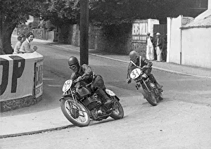 Images Dated 6th September 2021: Ted Mellors (Velocette) and J H Crasher White (Norton) 1937 Junior TT