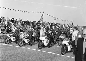 Terry Grotefeld (Aermacchi) Mick Chatterton (Aermacchi) Arthur Wheeler (Guzzi) and Blake Osborne (NSU) 1962 Southern 100