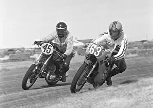 Images Dated 23rd February 2020: Tony Conway (Kawasaki) & David Connor (Yamaha) 1976 Jurby Airfield